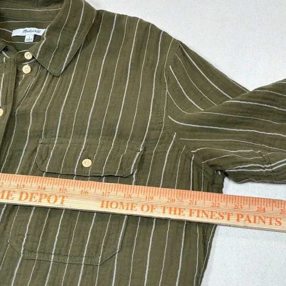 Madewell Lightspun Flap-Pocket Olive Green Striped Button Front Oversize Shirt S - Picture 4 of 8